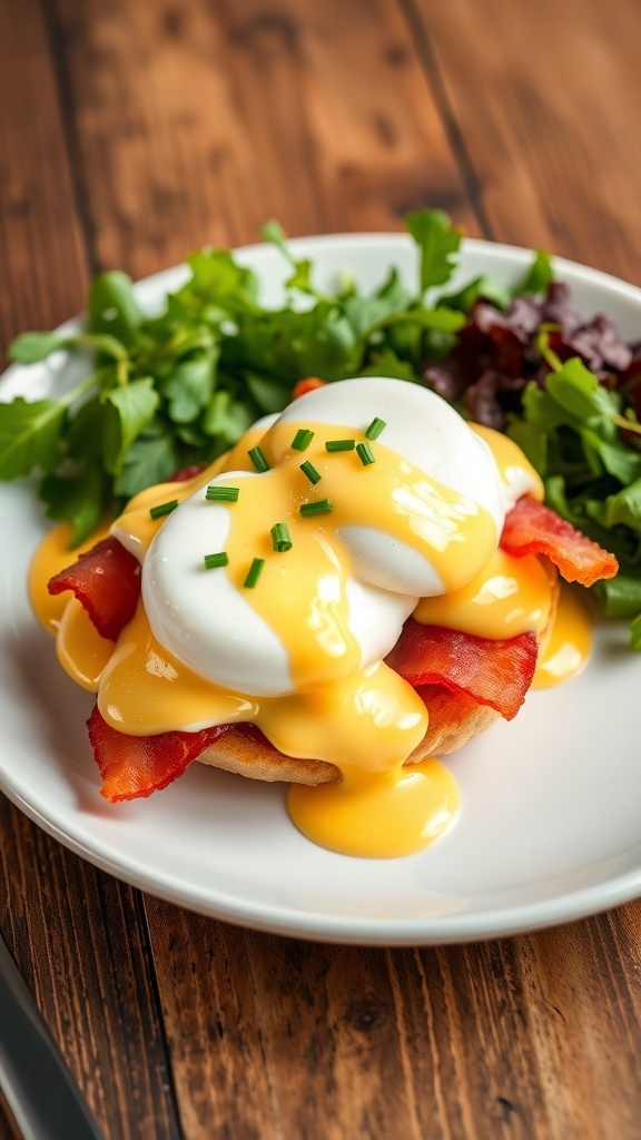 Eggs Benedict with Hollandaise Sauce Eggs Benedict with poached eggs, Canadian bacon, and hollandaise sauce on toasted English muffins, garnished with chives.